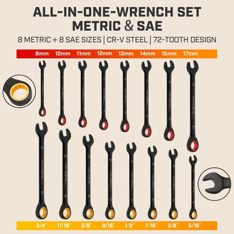 ironcube Ratcheting Wrench Set For Men: 16-Piece Metric & SAE - Black Chrome Vanadium - Including Water-Resistant Wax Canva Bag - for Automotive Repair - Image 3